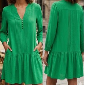 Maeve Anthropologie Green Pintuck Drop Waist Mini Dress Pockets Size 10 NEW